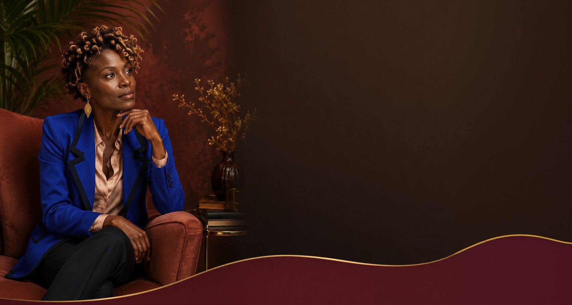 Princess Carminati in a royal blue blazer seated in a velvet chair