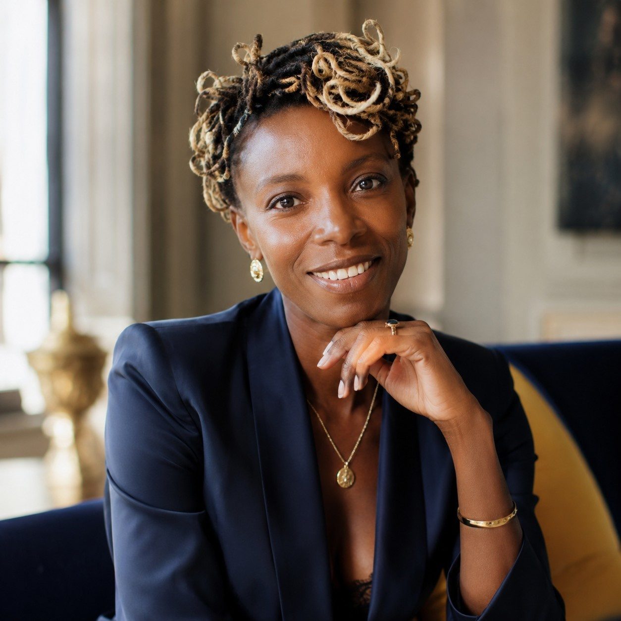 Princess Carminati in a navy blazer in a panelled room